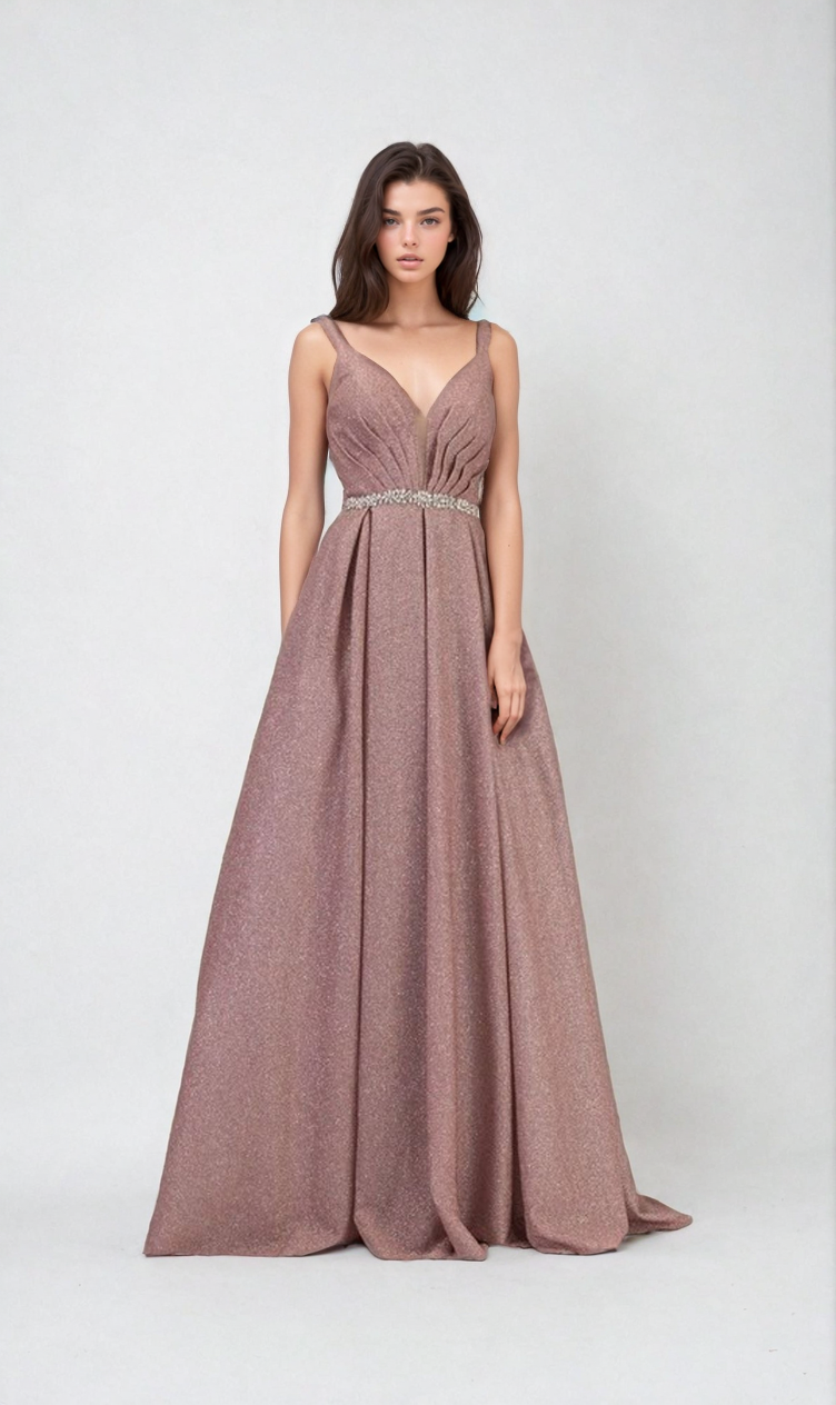A woman wears the Bead-Waist Long Glitter Prom Dress (Chicas BT9027), a sleeveless, floor-length mauve gown with a deep V-neckline and jeweled belt, posing against a plain light background.